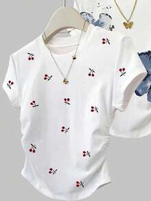 青少年女孩 T-shirt 3件組，白色，夏季，可愛，畢業，返校，櫻花、植物、花卉與藍白條紋印花修身短袖上衣 - 彩色 - 查看 3