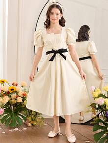 Serisse Kids 少女撞色泡泡袖收腰休闲连衣裙 - 白色 - 查看 7