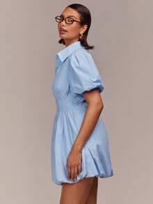 COSMINA Shirt Collar Puff Sleeve Dress, Blue Striped Dress, Puff Hem Design, Ruffle Detail, Cute Ladies Dress, Elegant Dress, Summer Mini Dress For Women - Blue and White - View 5