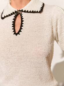 Poéselle New Spring/Autumn Korean Style Commuting Chic Butterfly Metal Buckle Women Knit Top - Black and White - View 4