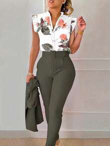 SHEIN LUNE 女式花卉印花盖袖衬衫和裤子优雅休闲套装，不含腰带 - 軍綠色 - 查看 3