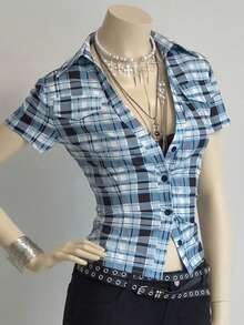 EgrlEra 女士休闲格子短袖性感衬衫 - 彩色 - 查看 1