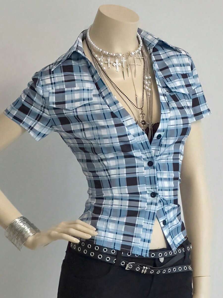 EgrlEra 女士休闲格子短袖性感衬衫 - 彩色 - 查看 1