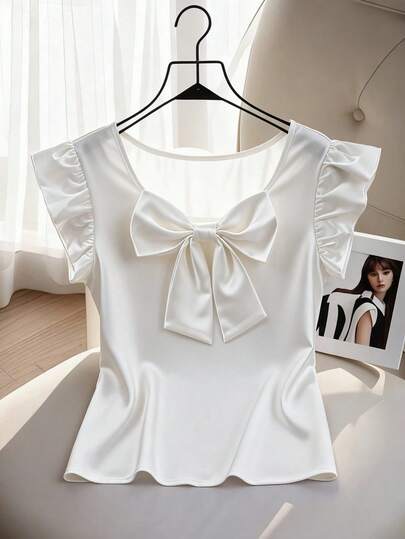 GlowEve Women's Casual Shirt With Butterfly Sleeve And Bow Tie