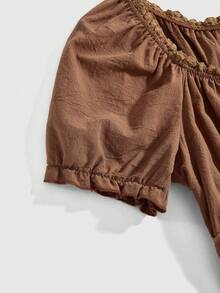 ROMWE Áo nữ cỡ lớn tay cánh hoa màu nâu viền ren họa tiết hươu và hoa phong cách Fairycore, Áo sơ mi ngắn tay cổ điển màu nâu phong cách Cottagecore, Áo kiểu tay cánh hoa cỡ lớn cho nữ - màu nâu - Xem 3