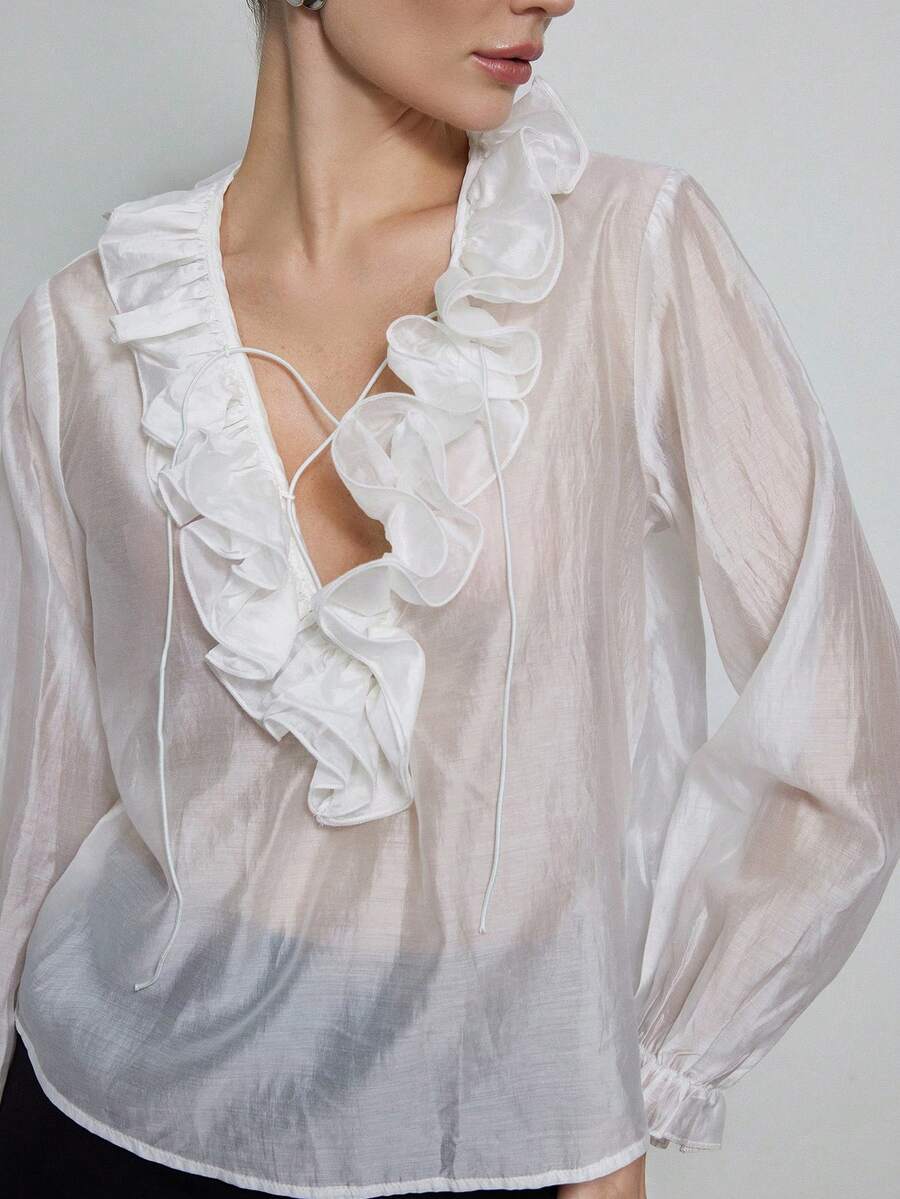 Aveloria Modichic French Ruffle Tie Cuff Unique Deep V Design Long Sleeve Blouse - White - View 1