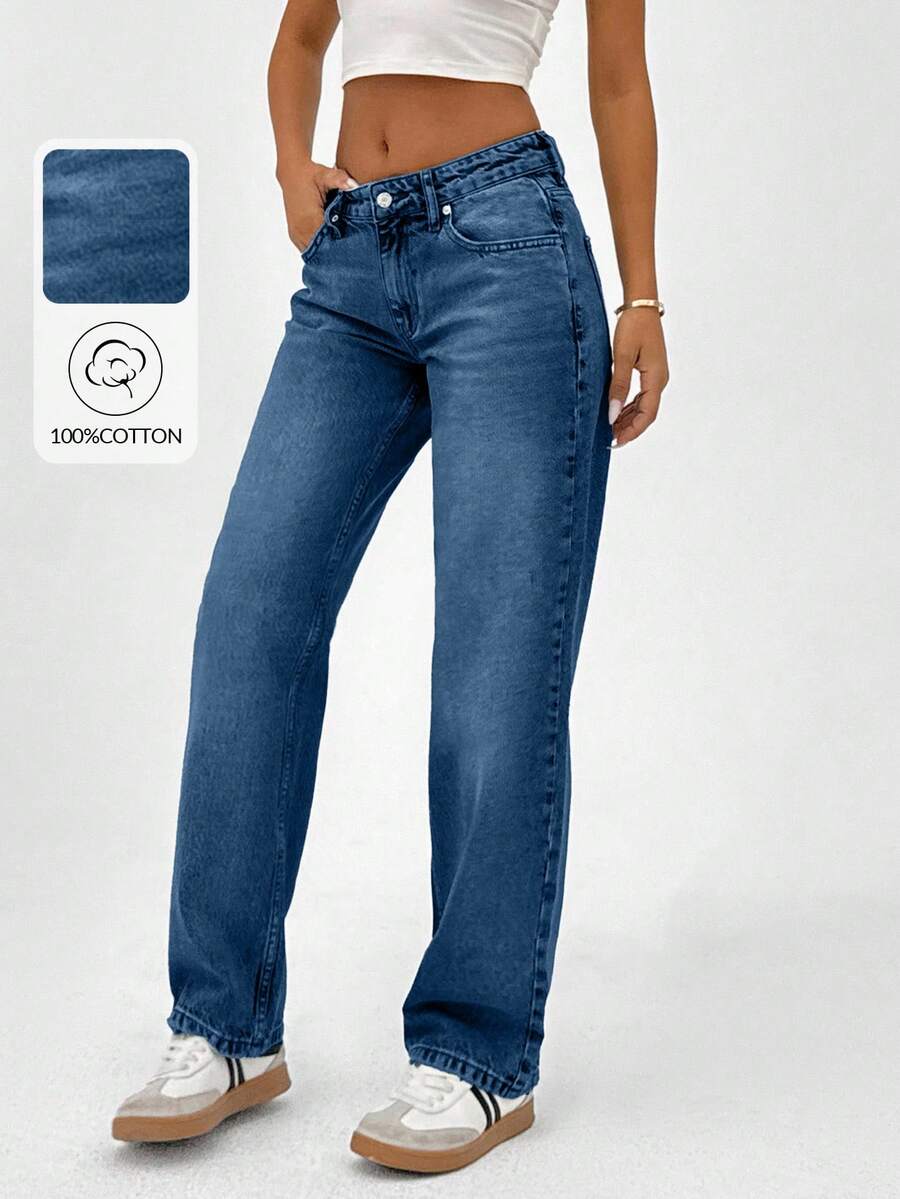 CasuGlow 100% Cotton LOW RISE STRAIGHT FIT VINTAGE WASH Y2K STYLE JEAN - Royal Blue - View 1