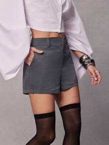 Hauture Fashionable & Elegant Glen Check Shorts With Belt Loops, Loose & Versatile - Dark Grey - View 5