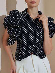 Revavyn 优雅波点印花泡泡袖复古法式设计女式衬衫 - 黑與白 - 查看 7