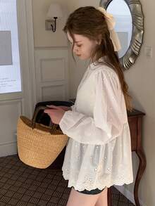 DAZY Teen Girls' Fashion Mesh Embroidered Button Long Sleeve Shirt - White - View 5