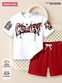 SHEIN GraphicGems 6件套幼儿男童休闲卡通印花圆领短袖T恤和纯色时尚短裤运动套装，适合春、夏、秋季户外活动，随机发货2套 - 墨綠色 - 查看 3