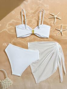 SHEIN Conjunto de 3 piezas de bikini negro para niña preadolescente, ropa de playa - Blanco - Ver 2