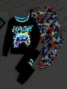 SHEIN 4pcs Kids/Tween Boys' Casual Comfortable Printed Crew Neck Long Sleeve Pajama Top And Leggings 2 Pieces Sleepwear Set, 4-Piece Set, 2 Designs - Multicolor - View 1