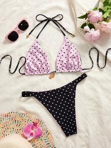 Swim Mod Bộ bikini gợi cảm mùa hè dành cho nữ, kiểu dáng ngọt ngào, dễ thương, họa tiết chấm bi tương phản, có thể mặc hai mặt, buộc dây cổ sau lưng. - Nhiều màu - Xem 6