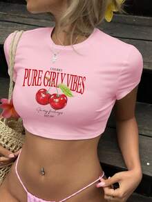 SHEIN ICON 休闲简约樱桃印花圆领短袖修身露脐女式T恤，适合夏季穿着 - 淺粉色 - 查看 4