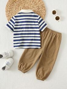 Cozy Pixies 2件套男婴卡通熊条纹polo领短袖半拉链套头卫衣和松紧腰裤套装