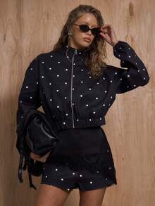 MUSERA Chaqueta con cuello de embudo y cremallera media con estampado de lunares, solo parte superior del conjunto, invierno, Año Nuevo, lindo, sexy, para salir, acentuado, Día de San Valentín, , verano, vacaciones - Multicolor - Ver 1