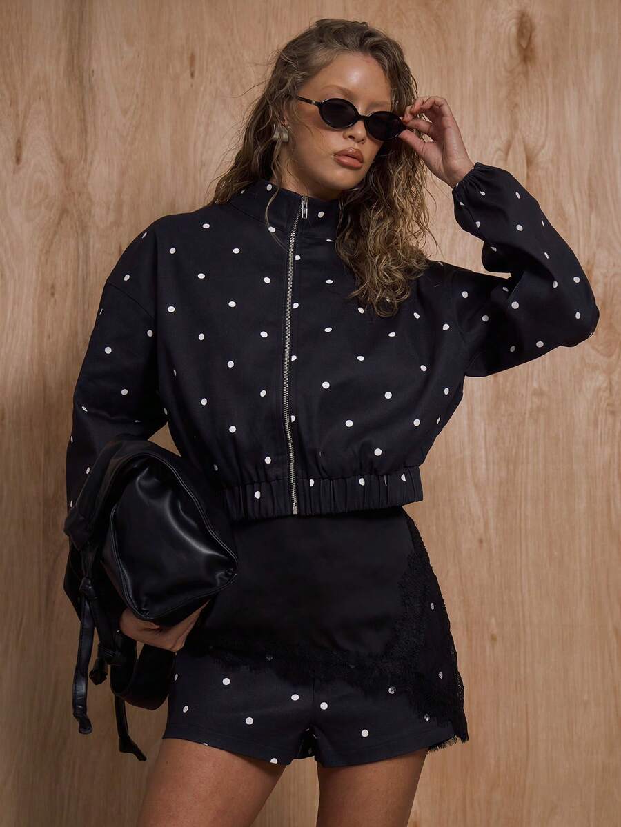 MUSERA Chaqueta con cuello de embudo y cremallera media con estampado de lunares, solo parte superior del conjunto, invierno, Año Nuevo, lindo, sexy, para salir, acentuado, Día de San Valentín, , verano, vacaciones - Multicolor - Ver 1