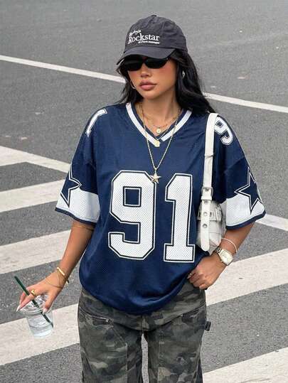 Teen Girls' Fashion Sports Street, Back To School Casual College Style Blue Jersey V-Neck Cropped T-Shirt, Loose Fit Activewear Tee