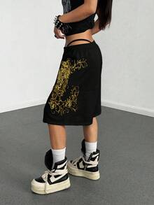 StreetHx Women's Loose Fit Gray Punk Print Capri Pants - Black - View 7