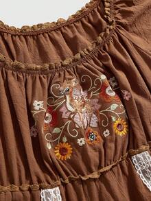 ROMWE Áo nữ cỡ lớn tay cánh hoa màu nâu viền ren họa tiết hươu và hoa phong cách Fairycore, Áo sơ mi ngắn tay cổ điển màu nâu phong cách Cottagecore, Áo kiểu tay cánh hoa cỡ lớn cho nữ - màu nâu - Xem 2