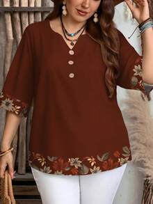 休闲复古树叶印花大码衬衫，适合春秋季穿着 - 彩色 - 查看 6