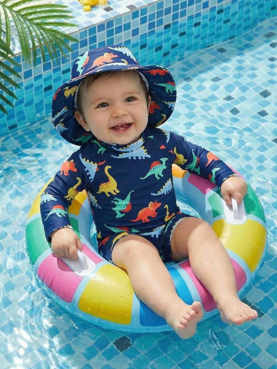 SHEIN TaviRue Baby Boy/Girl Casual Vacation Dinosaur Print Long Sleeve Romper Swimsuit - Blue - View 1