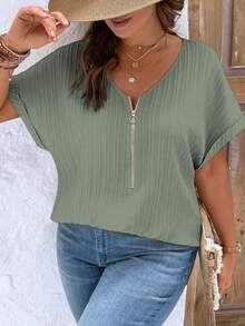 EMERY ROSE Plus Size Women's Solid Color Simple Daily Short Sleeve Shirt For New Year Clothes - Army Green - View 3