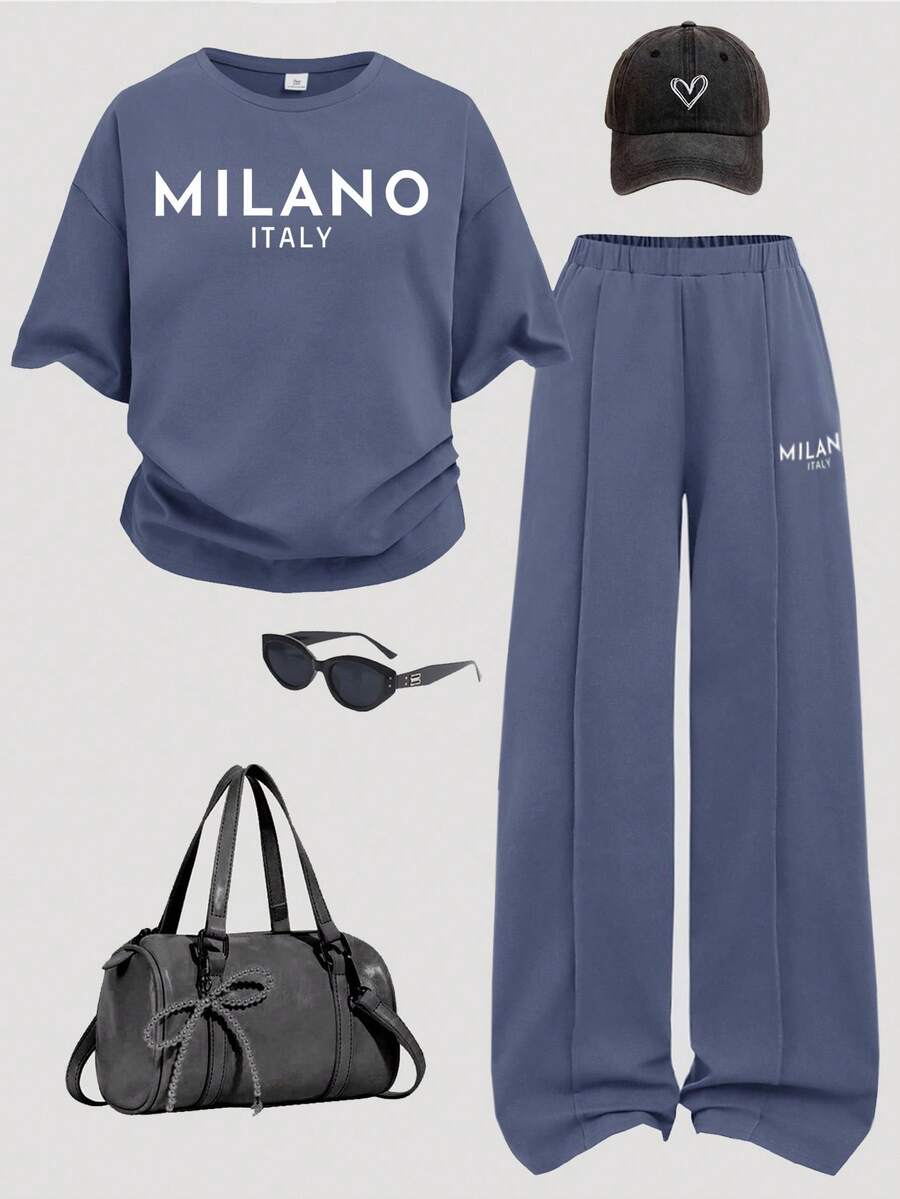 SHEIN Girlism Bộ 2 món dành cho nữ tuổi teen, áo thun tay raglan cổ tròn dáng rộng thoải mái và quần short in họa tiết, áo thun dệt kim nhẹ và quần short có dây rút, phù hợp cho mặc hàng ngày, đi học, nghỉ lễ và các hoạt động ngoài trời. - Màu xanh bụi bặm - Xem 1
