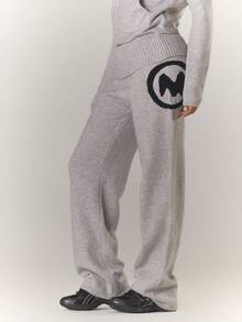 MUSERA Ribbed Fold Over Waist Buckle Detail Fitted Flared Mohair Knit Style Trouser Coord Bottoms Only Winter Coolgirl Cosy Cute Outdoors Explorer Spring - Grey - View 4