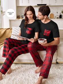 SHEIN 格子印花休闲口袋短袖裤男士睡衣套装 - 彩色 - 查看 4