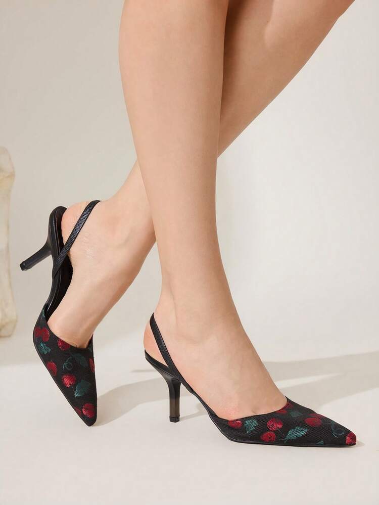 CUCCOO CHICEST Women's Cherry Pattern Pointed Toe Fashion High Heels, Versatile For Daily Wear Valentine's Day Elegant Shoes