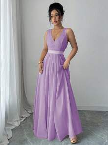 Selianne Đầm maxi dự tiệc không tay cổ chữ V, eo thon, dáng chữ A, thanh lịch và lãng mạn dành cho nữ. - Màu tím hoa cà - Xem 5