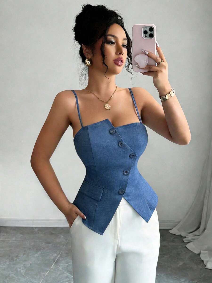 Elenzga 2025 New Blue Asymmetric Design Fashionable Versatile Commuting Casual Cinched Waist Camisole - Dusty Blue - View 1
