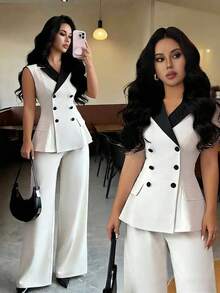 Elenzga Women's Elegant Commuter Elegant Sleeveless Contrast Color Waist A-Line Pants Suit, Suitable For Daily Wear, Work Commute And More Occasions, Spring/Autumn - Apricot - View 1