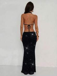 Aloruh Đầm nữ đi nghỉ mát cổ chữ V sâu hình sao biển màu be trơn, chất liệu có họa tiết, kiểu cổ yếm, hở lưng, xẻ cao. - màu đen - Xem 3