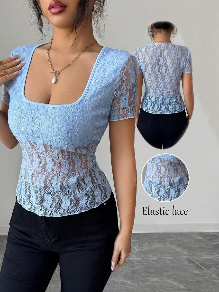 SHEIN Elenzya Women's Blue Lace Square Neck Semi-Sheer Short Sleeve T-Shirt - Baby Blue - View 1