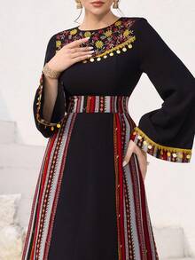 Al Najma Women's Sequin Fringe Decor Waist Cinched Patchwork Pattern Flare Sleeve Arabic Style Dress, Suitable For Spring/Autumn Holiday - Black - View 1