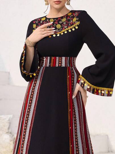 Al Najma Women's Sequin Fringe Decor Waist Cinched Patchwork Pattern Flare Sleeve Arabic Style Dress, Suitable For Spring/Autumn Holiday