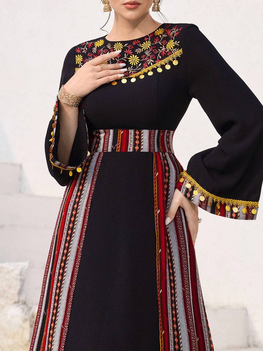 Al Najma Women's Sequin Fringe Decor Waist Cinched Patchwork Pattern Flare Sleeve Arabic Style Dress, Suitable For Spring/Autumn Holiday - Black - View 1