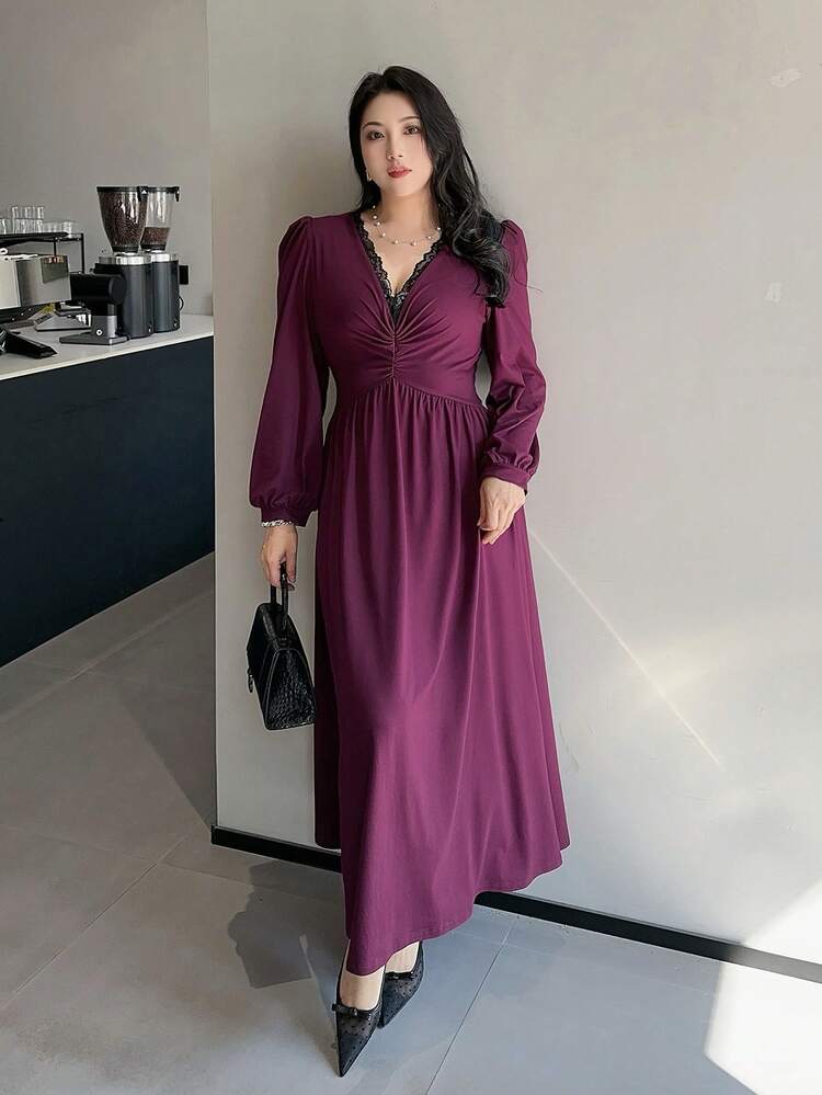 Dazy Plus Plus Size Women Elegant Contrast Lace Deep V-Neck Burgundy Waist Slimming Long Sleeve Dress For Party Dress Sundress