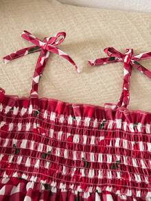 SHEIN 新生女宝宝可爱休闲假日粉色格子荷叶边吊带连体衣 - 彩色 - 查看 5