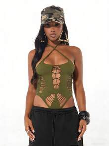 SUMWON WOMEN Body con cuello halter, recortes y detalles de cordones, con tirantes cruzados en la espalda, para festivales y raves - Verde Oliva - Ver 5