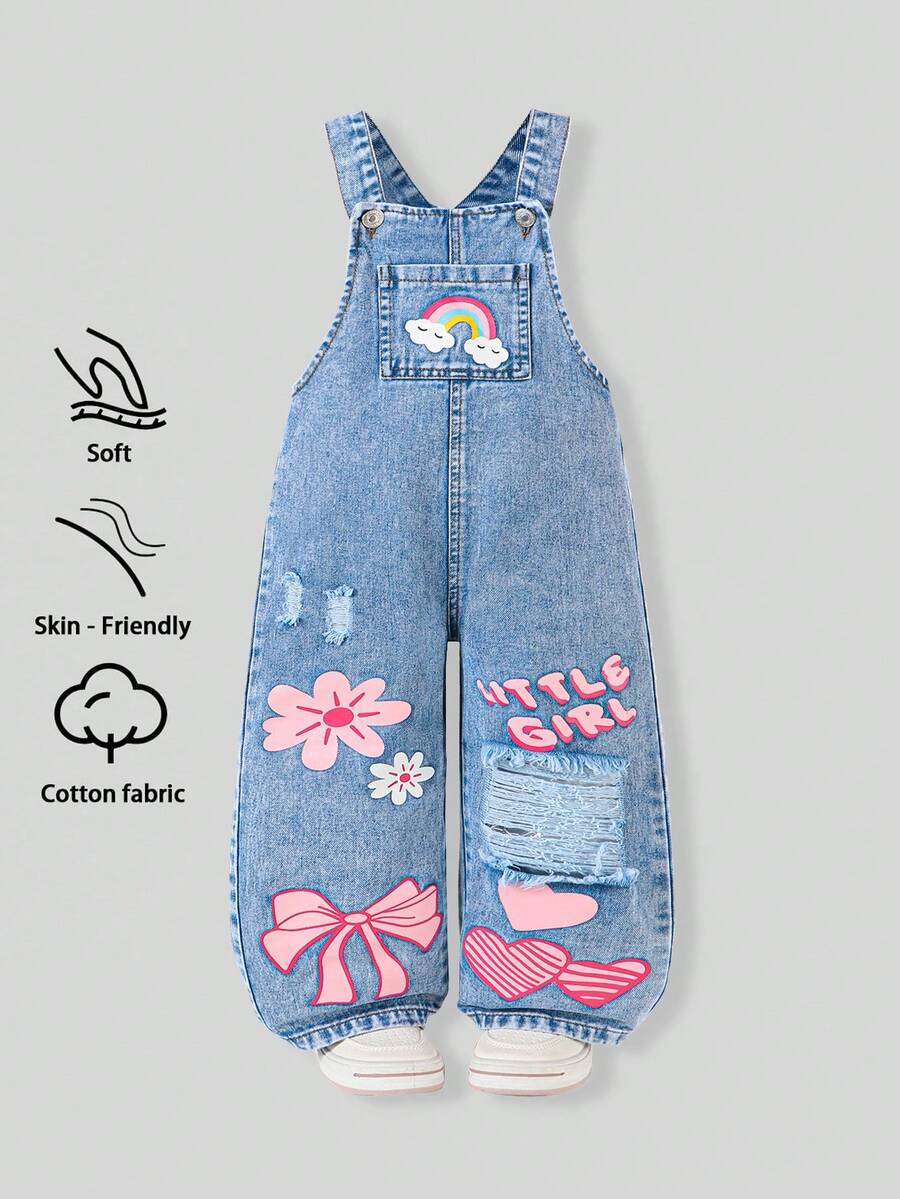 SHEIN One Piece 女童 2026 春夏新款浅蓝色水洗彩虹爱心破洞牛仔背带裤,宽松灯笼袖口设计,甜美可爱百搭,时尚夏季薄款拼接牛仔背带裤 - 中等水洗藍 - 查看 1