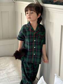 Dazy Kids Young Boy Summer Casual Plaid Front Button Shirt And Pants Pajama Set