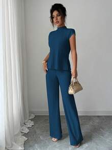 Elenzga 2pcs Casual Elegant Set: Short Sleeve Ribbed Top And Pants - Royal Blue - View 7