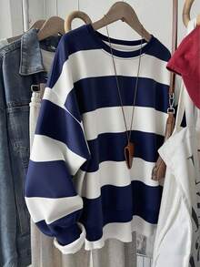 INAWLY Korean Style Fashionable Versatile Colorful Striped Pattern Sweatshirt, Suitable For Outerwear, Photography, Camping, Autumn, Winter, Back To School, Women's Regular Crew Neck - Multicolor - View 1