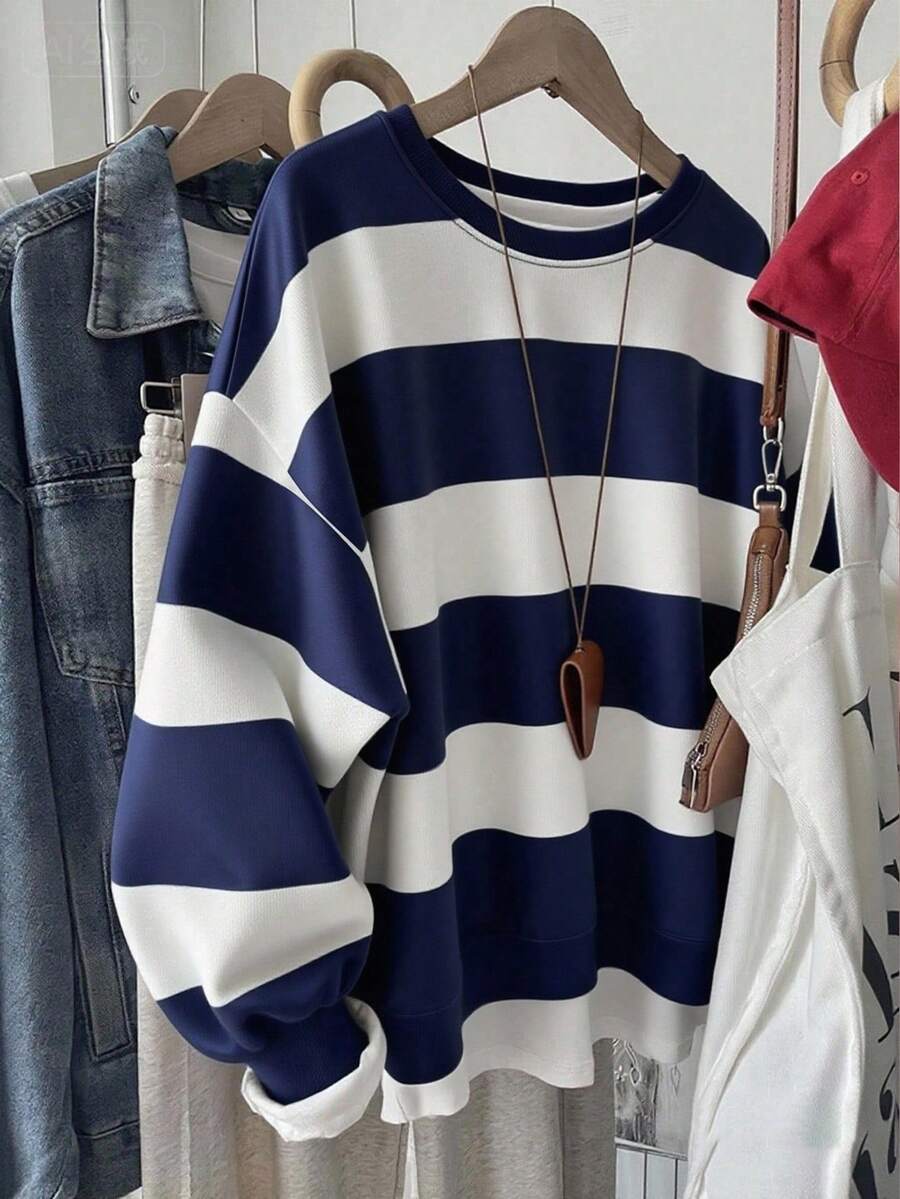 INAWLY Korean Style Fashionable Versatile Colorful Striped Pattern Sweatshirt, Suitable For Outerwear, Photography, Camping, Autumn, Winter, Back To School, Women's Regular Crew Neck - Multicolor - View 1