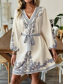 SHEIN Holidaya Women's Spring/Summer New Retro Print Bohemian Elegant Vacation Apricot Paisley Print V-Neck Slim Waist Tie Three-Quarter Sleeve Short Dress - Multicolor - View 4