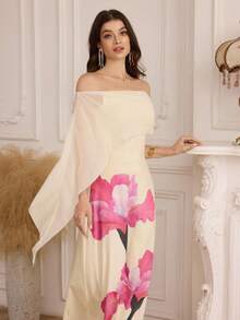 Modelyn 女士优雅露肩披肩领复古鸢尾花印花中长派对连衣裙 - 黃色 - 查看 6